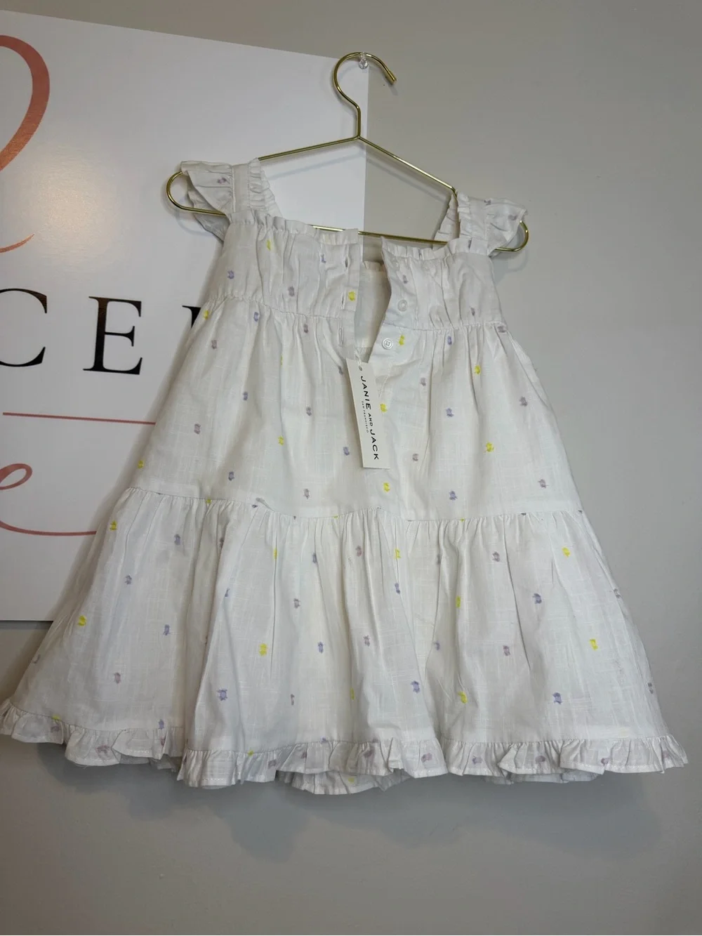 Janie and Jack White Tiered Dress with Yellow and Lavender Dots
